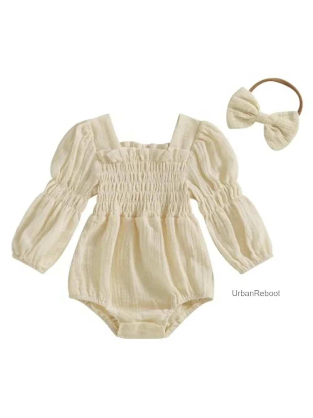 Smocked Bubble Romper with Headband Baby Girl Outfit Cotton Blend Long Sleeve